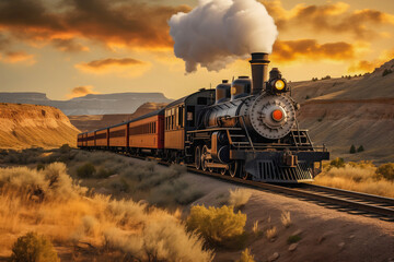 A vintage steam train chugging through the breathtaking and rugged Wild West landscape, evoking the nostalgia of a bygone era.