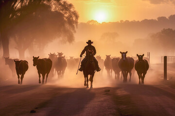 Fototapeta na wymiar Wild West cattle drive at dusk with a cowboy on a horse during the golden hour, with warm, soft light casting a nostalgic glow on the dusty trail