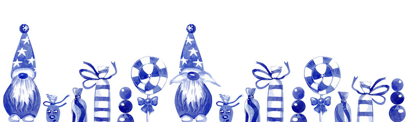 Cartoon Christmas souvenirs. Horizontal border of holiday sweets and decorations in blue watercolor tones for your design
