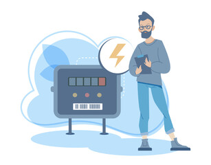 Sustainability and energy efficiency. Man calculates household utility bills based on electricity meter data. Electricity Usage Monitoring. Reduced energy consumption. Cartoon flat vector illustration