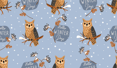 Cartoon owl sitting on a tree branch and hand lettering Hello Winter Days.Seamless pattern with cute character and plants covered with snow.Vector background with sprigs of grass and snowfall.
