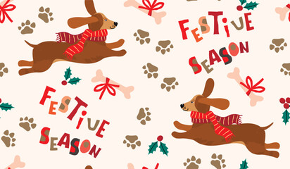 Fototapeta premium Funny cartoon dachshund dog seamless pattern.Christmas print with cute animal character in warm scarf.Winter holidays background with hand lettering and bone.Vector seasonal illustration on white.