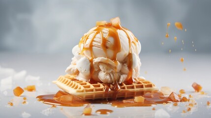 Salted caramel ice cream with wafer and sauce on a light background - obrazy, fototapety, plakaty