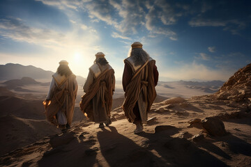  the Three Wise Men from the East, laden with gifts, as they navigate the vast desert in search of the birthplace of the Christ Child. - obrazy, fototapety, plakaty