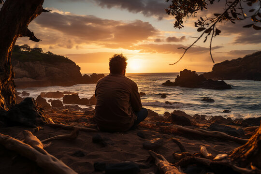 Photograph of a pensive traveler on a beach, watching the stunning spring sunset over the ocean. AI generative