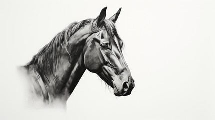 Obraz na płótnie Canvas a black and white drawing of a horse's head with a long mane and a black and white background. generative ai