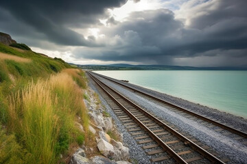 Obraz premium Shot of coastal railway under a dramatic stormy sky. AI generative