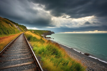 Fototapeta na wymiar Shot of coastal railway under a dramatic stormy sky. AI generative