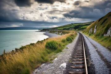Fototapeta premium Shot of coastal railway under a dramatic stormy sky. AI generative