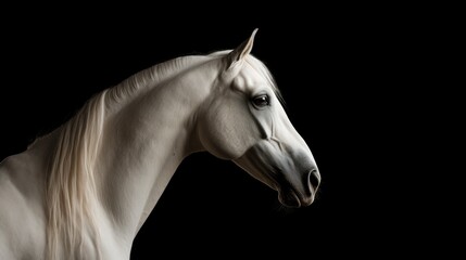 Obraz na płótnie Canvas a white horse standing in the dark with its head turned to the side and it's hair blowing in the wind. generative ai