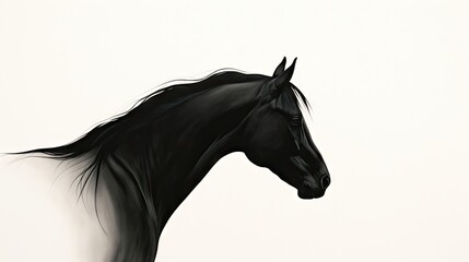  a painting of a black horse with long manes standing in front of a white wall and looking off into the distance.  generative ai