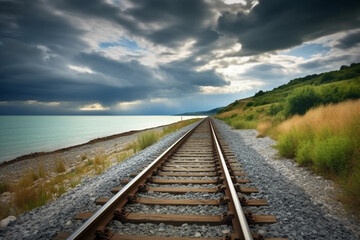 Obraz premium Shot of coastal railway under a dramatic stormy sky. AI generative
