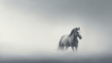 Obraz na płótnie Canvas a white horse standing in the middle of the ocean on a foggy day with a black and white background. generative ai