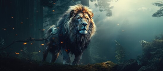 A lion with an air of make believe residing in a foggy woodland - obrazy, fototapety, plakaty