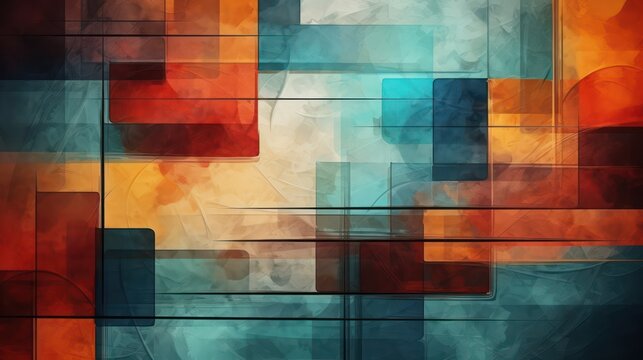 Abstract rough vintage blue orange multi colored art painting texture, with oil brushstroke, palette knife painting, with square overlapping paper layers, complementary colors