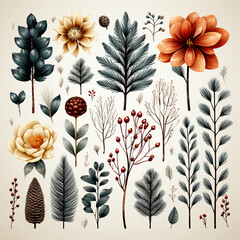 Christmas set of plants with flowers, spruce branches, leaves and berries. AI generative