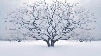  a snow covered tree in the middle of a field with snow on the ground and a cloudy sky in the background.  generative ai