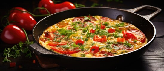 A frittata made in a frying pan with leeks tomatoes and cheese captured in a beautifully toned image