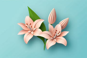 Greeting card template with pink lily flowers on a blue background in a minimalist style