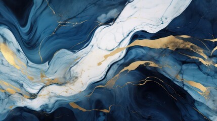 abstract ink painting texture resembling gold and navy blue marble. Dark blue and gold waves twist and turn, adorned with splashes of golden paint - obrazy, fototapety, plakaty