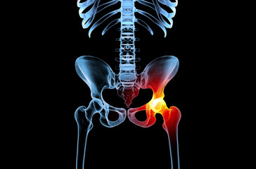 Skeleton with osteoarthritis hip joint injury