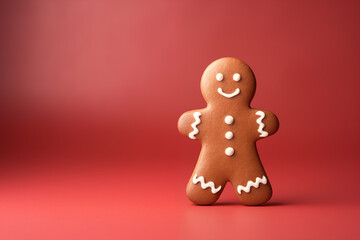 Fototapeta premium Gingerbread Man on Red Background with Empty Space