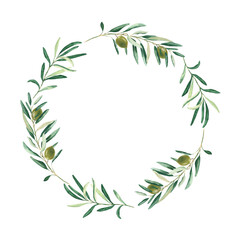 Watercolor olive wreath with green olives. Isolated on white background. Hand drawn botanical illustration. Can be used for cards, emblem, logos and food design.