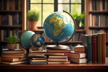An illustration of a world globe with books symbolizing the universal need for literacy. Generative Ai.
