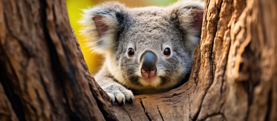 A delightful image of an adorable Koala Bear native to Australia sitting atop a eucalyptus tree while gazing curiously Specifically this charming scene can be found on Kangaroo Island