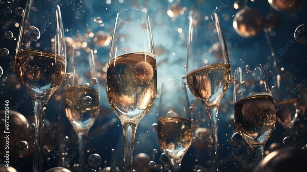 Poster a group of wine glasses sitting next to each other in front of a blue background filled with bubbles