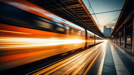 Fototapeta na wymiar High speed train on blurred motion railway at sunset