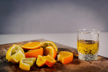 glass of orange juice and fruits