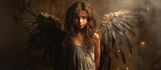 A grungy background showcases the image of a young girl adorned with angelic illustrated wings