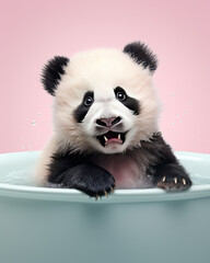 A cute little panda taking shower