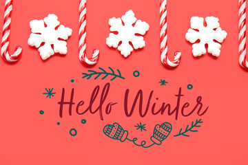 Banner with text HELLO WINTER and Christmas decor on red background