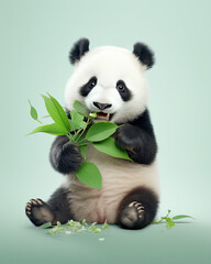 A cute little panda eating leaves