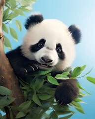 Fototapeta premium A cute little panda with leaves and plants on a clean background