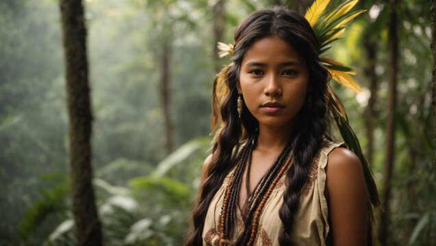 Bellissima ragazza originaria della foresta dell'Amazzonia posa per una foto con lo sfondo della foresta