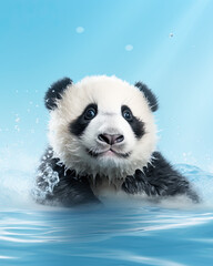 A cute little panda with water splashes in water