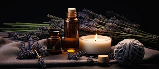 A collection of necessary oils handcrafted cleanser and dehydrated lavender arranged on a somber gray backdrop An imaginative arrangement of organic beauty products symbolizing the idea of s