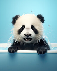 A cute little panda taking shower