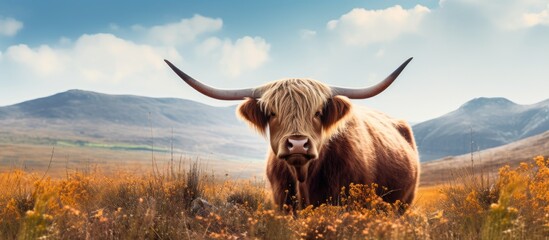 A cow with a shaggy coat spotted grazing in the meadow