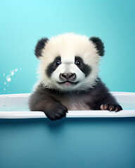 A cute little panda taking shower