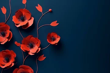 Gordijnen Red poppies on blue background. Remembrance Day, Armistice Day, Anzac day symbol. Paper cut art style © vejaa