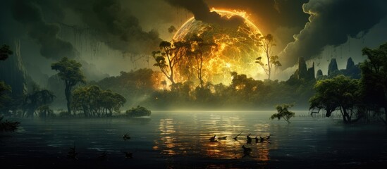A manipulated photograph represents the Earth on fire featuring the Amazon rainforest AI provided various elements for this conceptual image - obrazy, fototapety, plakaty