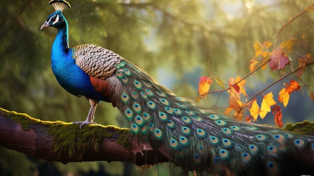 Photo a peacock is sitting on a branch.