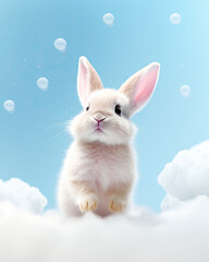 A cute little bunny on fluffy clouds surrounded by bubble