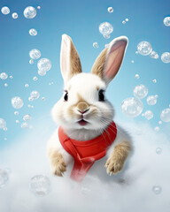 A cute little bunny on surrounded by bubbles