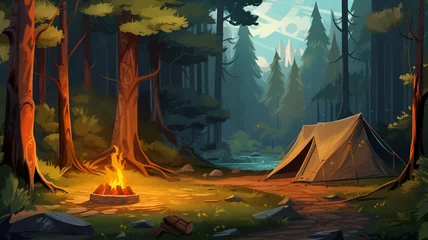 Rolgordijnen camping tent in forest with bonfire © Daniel