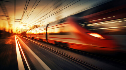 Fototapeta na wymiar High speed train on blurred motion railway at sunset